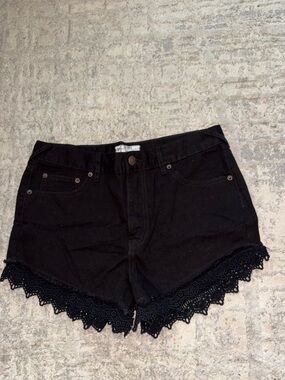 Free People Black Denim Shorts with Lace Trim